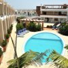 Piscina circondata da sedie e palme.