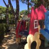 Un parco giochi con una struttura colorata tra gli alberi.