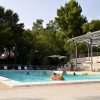 Piscina con bambini che giocano e alberi intorno.