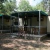 Bungalow in un bosco con una bici.