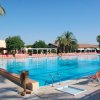 Piscina con lettini arancioni e palme.