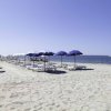 Spiaggia sabbiosa con file di lettini e ombrelloni blu.