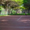 Persone giocano a tennis in un campo all'aperto tra gli alberi.